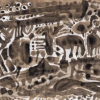 ink-cap landscape (shaggy-ink-cap-ink on paper; 16.5x30cm; 1995) nfs