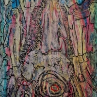 the madman, the mother and the crow (oil pastel on paper; 21x30cm) 1998