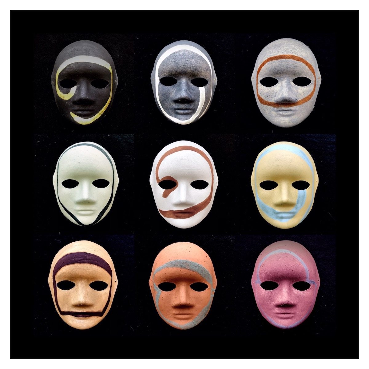 078  all the world's a stage (9-Cornish earth pigment papier-mache masks; 17x22cm each)