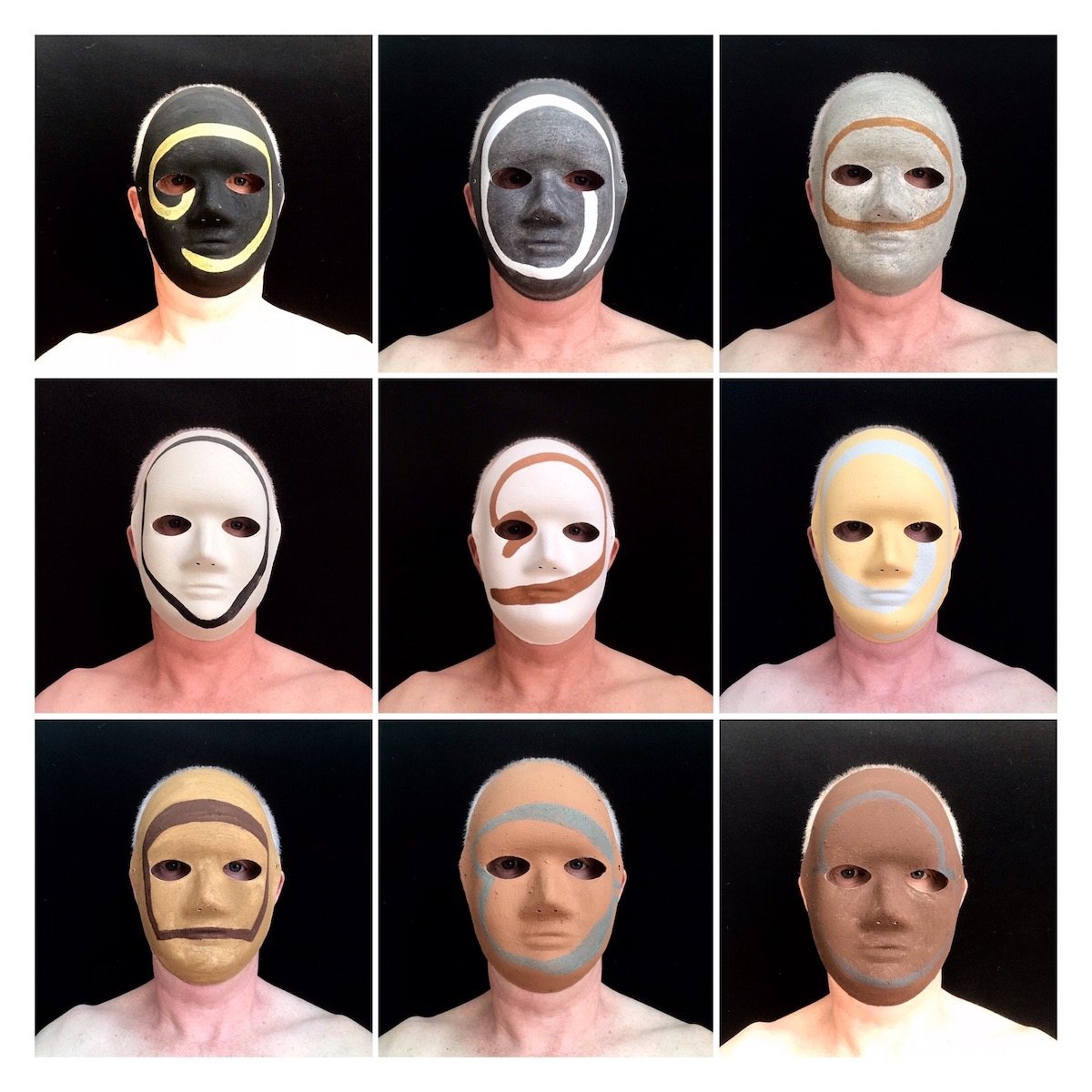 079 all the world's a stage (9-Cornish earth pigment papier-mache masks; 17x22cm each)