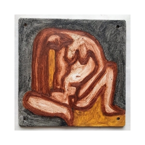 088 woman touching herself (Cornish earth pigments and linseed oil on primed salvaged board; 17x17cm)