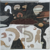 mantedh dre sevel yn gwelyow gans elergh hag bughes hag byghan – penwith / stones that stand in fields with swans and cows and geese - penwith (Cornish earth pigments on salvaged board; 70x68cm) © p ward 2019