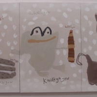 mowysi karrygi kwilkynyow (botellow) kathes / girls rocks frogs (bottles) cats (Cornish earth pigments on canvas; 300x147cm) © p ward 2019