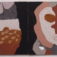 faces of stone - personal responses to a climate emergency I (Cornish earth pigments on salvaged board; 48x24cm) © p ward 2020