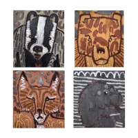 012 Saint Piran's disciples - badger, bear, fox, seal (Cornish earth pigments on salvaged card; 29x32cm each)