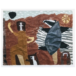 013 Saint Piran dancing with a badger (Cornish earth pigments on salvaged paper; 46x36cm)