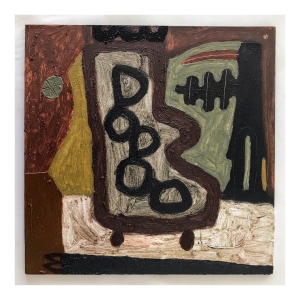 062 nasty chough  (Cornish earth pigments and linseed oil on primed salvaged board; 35x35cm)
