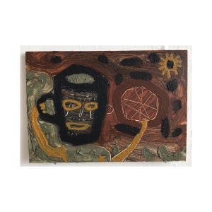069 tease-n-briskets - I cannot ride home in this state  (Cornish earth pigments and linseed oil on primed salvaged board; 27x15cm)