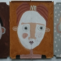 three weather heads (Cornish eart pigments on repurposed card; 55x18cm) © p ward 2019