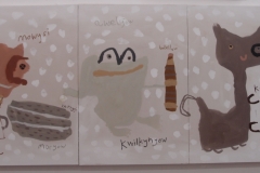 mowysi karrygi kwilkynyow (botellow) kathes / girls rocks frogs (bottles) cats (Cornish earth pigments on canvas; 300x147cm) © p ward 2019