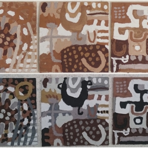 3 painted and bisk fired clay tiles at the Sandy Brown Museum, Appledore - before and after (Cornish earth pigments on clay tiles; 28x28cm each) © p ward 2020